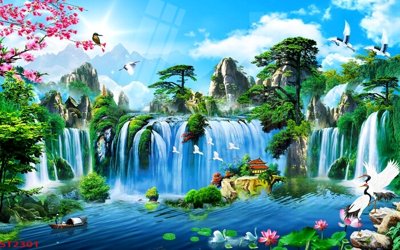 File in lụa Tranh sơn thủy thác nước phong thủy ST2301 (chất lượng cao) Tranh sơn thủy thác nước phong thủy ST2301