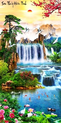 File gốc Tranh sơn thủy thác nước phong thủy ST2303 (in lụa) chi tiết cao