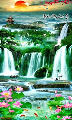 File PSD Tranh sơn thủy thác nước phong thủy ST2326 (gốc) nhiều lớp (multi-layer)
