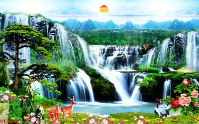 File gốc Tranh sơn thủy thác nước phong thủy ST2329 (in tráng gương) sang trọng