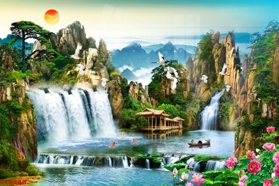 Download file Tranh sơn thủy thác nước phong thủy ST2338 (gốc) in mica bàn thờ