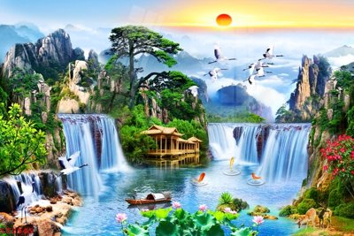 File gốc Tranh sơn thủy thác nước phong thủy ST2345 (in lụa) tranh mã đáo
