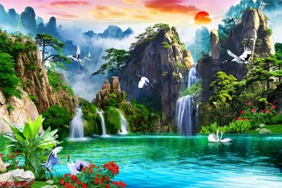 File tranh trang trí Tranh sơn thủy thác nước phong thủy ST2349 (file gốc)