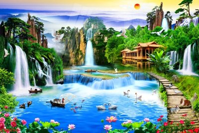 Tải file Tranh sơn thủy thác nước phong thủy ST2354 (gốc) chủ đề phong thủy