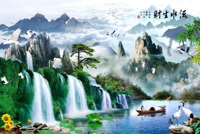File in lụa Tranh sơn thủy thác nước phong thủy ST2358 (hoa văn) Tranh sơn thủy thác nước phong thủy ST2358