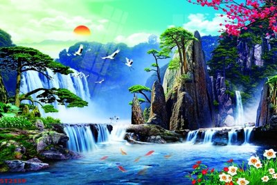 File tranh gốc PSD Tranh sơn thủy thác nước phong thủy ST2359 còn nguyên layer