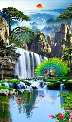 File tranh gốc in trần nhà Tranh sơn thủy thác nước phong thủy ST2369 3D