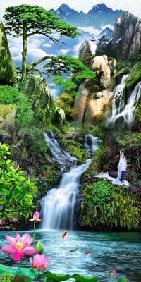 Download file Tranh sơn thủy thác nước phong thủy ST2371 (gốc) in mica bàn thờ