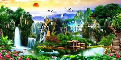 Download file gốc Tranh sơn thủy thác nước phong thủy ST2379 (in lụa) nghệ thuật