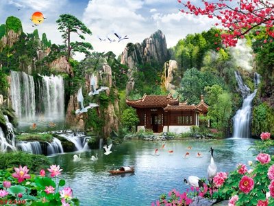 File in trần Tranh sơn thủy thác nước phong thủy ST2399 (file gốc) xuyên sáng