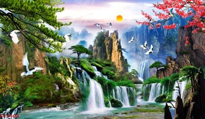 File tranh Tranh sơn thủy thác nước phong thủy ST2404 (gốc) chủ đề trừu tượng