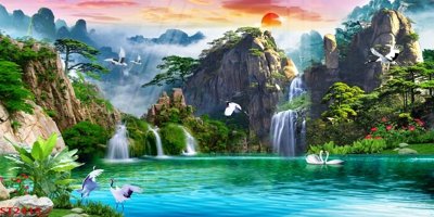 File tranh Tranh sơn thủy thác nước phong thủy ST2415 (gốc) in film