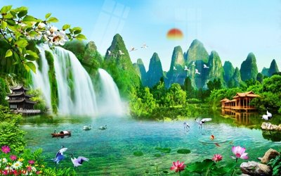 File tranh Tranh sơn thủy thác nước phong thủy ST2420 (gốc) in film