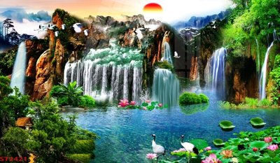 File gốc Tranh sơn thủy thác nước phong thủy ST2421 (in ấn) không giới hạn