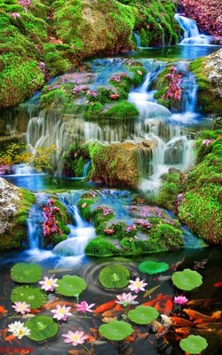 Download file gốc Tranh sơn thủy thác nước phong thủy ST2439 (in lụa) hoa lá