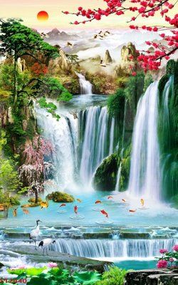 Tải file Tranh sơn thủy thác nước phong thủy ST2440 (gốc) chủ đề phong thủy