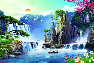 File gốc Tranh sơn thủy thác nước phong thủy ST2441 (dành cho trang trí nội thất)