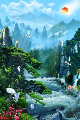 File tranh Tranh sơn thủy thác nước phong thủy ST2452 (gốc) chủ đề động vật