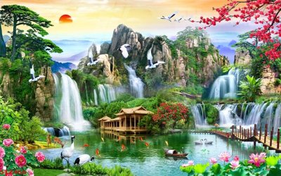 File tranh gốc Tranh sơn thủy thác nước phong thủy ST2466 (bản đẹp) độc quyền