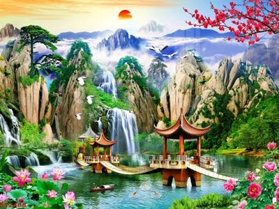 File tranh gốc Tranh sơn thủy thác nước phong thủy ST2468 (bản đẹp) độc quyền