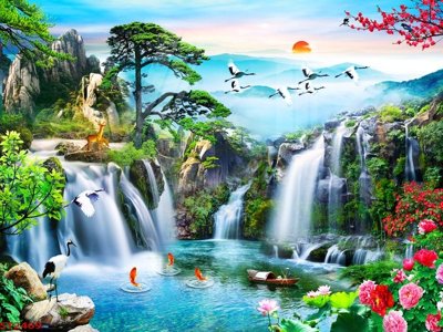 File gốc Tranh sơn thủy thác nước phong thủy ST2469 (in lụa) cao cấp