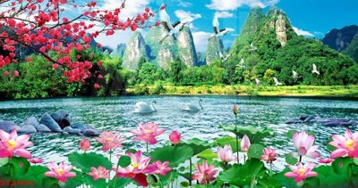 Download file gốc Tranh sơn thủy thác nước phong thủy ST2493 (in mica) 3D