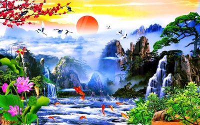 Tải file Tranh sơn thủy thác nước phong thủy ST2497 (gốc) chủ đề tâm linh