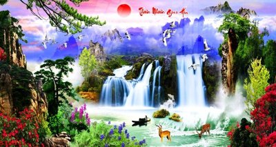 Ảnh mô tả file gốc in mica Tranh sơn thủy thác nước phong thủy ST2513