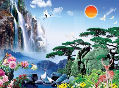 File tranh in trần Tranh sơn thủy thác nước phong thủy ST2514 (ảnh gốc siêu nét)