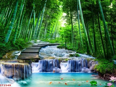 File tranh Tranh sơn thủy thác nước phong thủy ST2549 (gốc) in trên kính