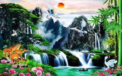 File gốc Tranh sơn thủy thác nước phong thủy ST2558 (thiết kế) độc quyền