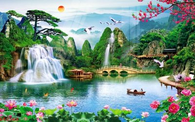 File gốc Tranh sơn thủy thác nước phong thủy ST2563 (in lụa) tranh mã đáo