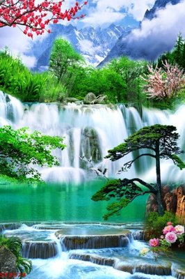 File gốc Tranh sơn thủy thác nước phong thủy ST2574 (chủ đề hiện đại) trang trí