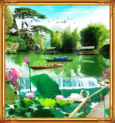 File gốc Tranh sơn thủy thác nước phong thủy ST2582 (in mica) làm bảng hiệu