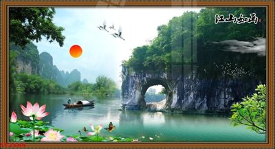 File PSD Tranh sơn thủy thác nước phong thủy ST2584 (chất lượng in ấn)