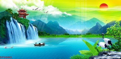 File PSD Tranh sơn thủy thác nước phong thủy ST2591 (gốc) cho in quảng cáo