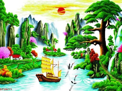 File ảnh Tranh sơn thủy thác nước phong thủy ST2611 (gốc) cho trang trí nhà hàng