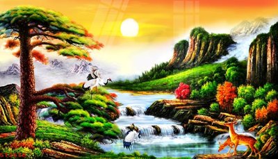 File tranh trang trí Tranh sơn thủy thác nước phong thủy ST2618 (file gốc)