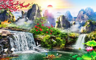 File tranh gốc Tranh sơn thủy thác nước phong thủy ST2636 (bản quyền) độc đáo