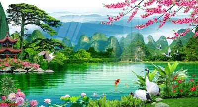 File gốc Tranh sơn thủy thác nước phong thủy ST2648 (in lụa) tranh thuận buồm