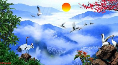 File gốc Tranh sơn thủy thác nước phong thủy ST2649 (in lụa) tranh thuận buồm