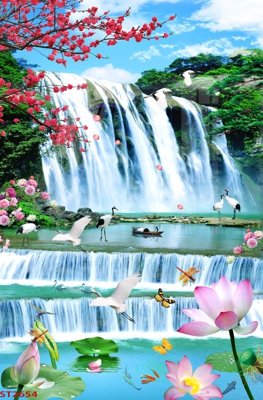 File tranh Tranh sơn thủy thác nước phong thủy ST2654 (bản gốc) in lụa dán tường