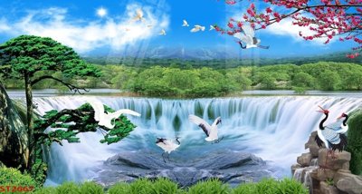 Download file Tranh sơn thủy thác nước phong thủy ST2667 (gốc) in mica bàn thờ