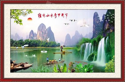 Tải file gốc in lụa Tranh sơn thủy thác nước phong thủy ST2670 siêu nét