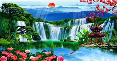 File tranh Tranh sơn thủy thác nước phong thủy ST2673 (ảnh gốc) chi tiết rõ ràng