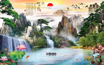 File in ấn Tranh sơn thủy thác nước phong thủy ST2686 (bản gốc) từ file gốc