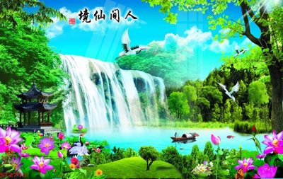 Tải file Tranh sơn thủy thác nước phong thủy ST2713 (gốc) chủ đề hoa sen