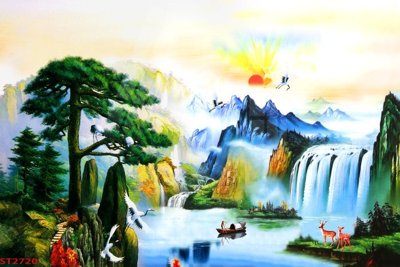File ảnh Tranh sơn thủy thác nước phong thủy ST2720 (gốc) cho trang trí nội thất