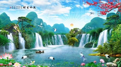 Ảnh gốc Tranh sơn thủy thác nước phong thủy ST2727 (độ nét cao) in tráng gương