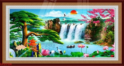 File PSD Tranh sơn thủy thác nước phong thủy ST2734 (nguyên gốc) chất lượng cao